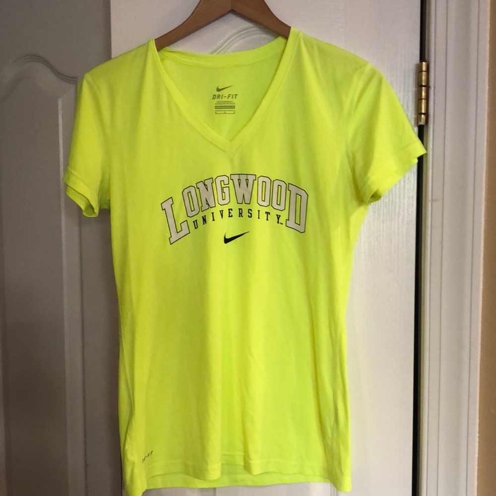 Neon yellow Nike dry-fit Longwood University short sleeve shirt